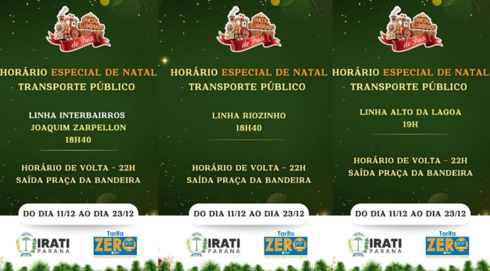 Horários especiais de transporte público Tarifa Zero para o Natal Iluminado de Irati